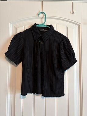 Black Textured Button-Up Blouse